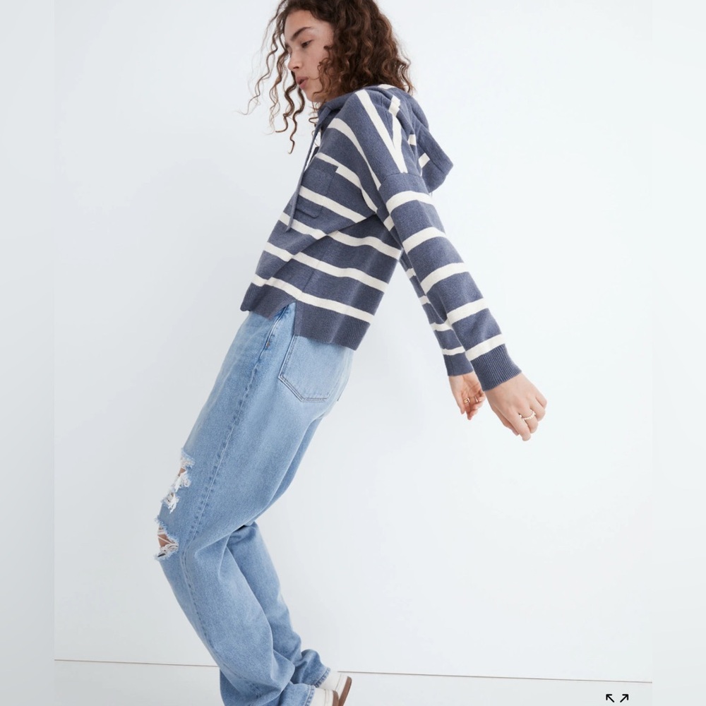Madewell Striped Olney Henley Hoodie Sweater Sunfaded Indigo - Size M